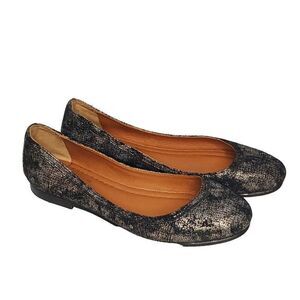 Frye Suede Carson Ballet Flats 7.5 Black Metallic Silver Tone Distressing